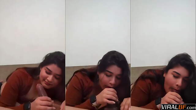 Naughty Busty Girl Gives Heart-Stopping Blowjob To BF With Two Hands On Huge Cock